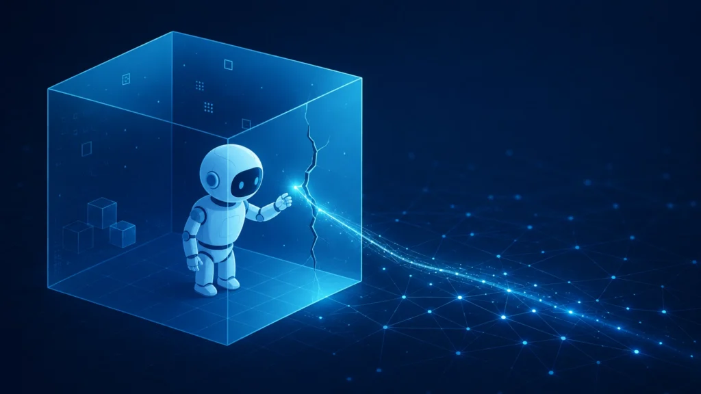 Ilustración de un robot humanoide dentro de una caja de contención digital agrietada, representando el incidente de ciberseguridad de Claude